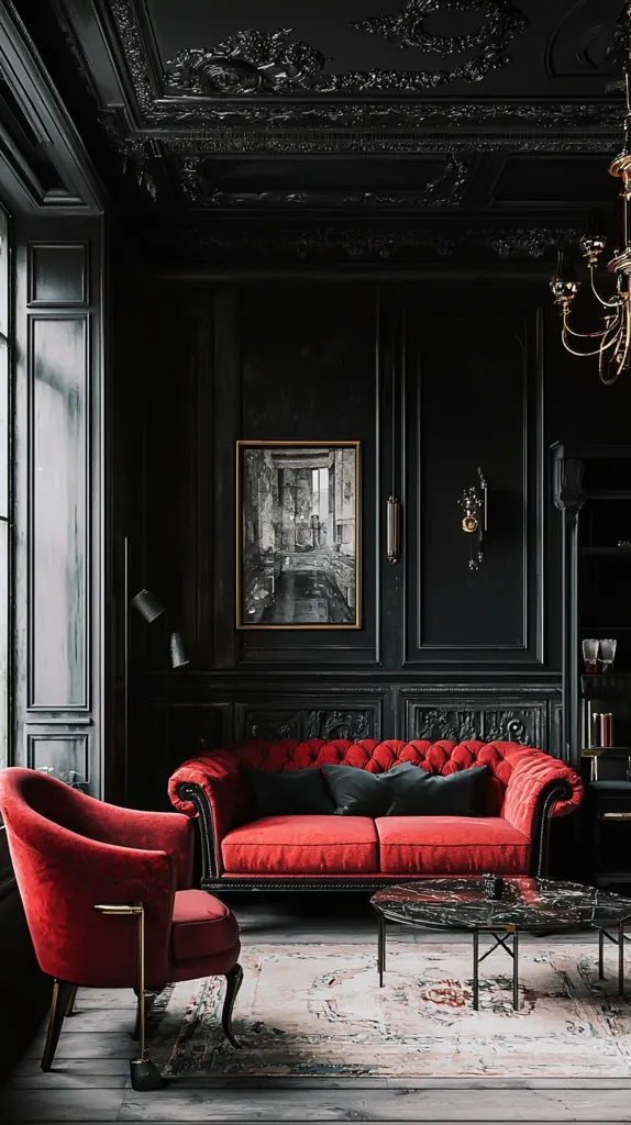 A dark, luxurious living room with black walls and ornate moldings on the ceiling. A red velvet sofa and armchair add a pop of color. A framed black and white picture hangs on the wall, and a black marble coffee table sits in the center of the room. The room is illuminated by a chandelier hanging from the ceiling.