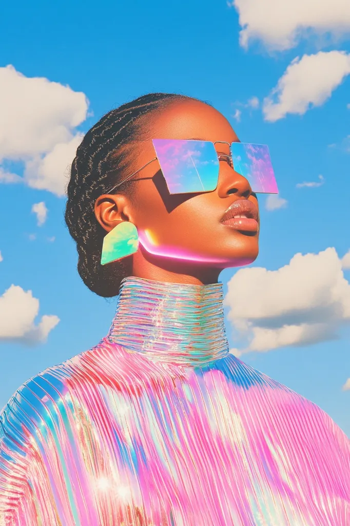 A woman with dark braided hair and iridescent makeup is wearing a pink, iridescent top and sunglasses. She is looking up at the sky, which is filled with fluffy white clouds. The colors in the photo are bright and saturated, creating a dreamlike and ethereal aesthetic. The woman's expression is confident and serene.
