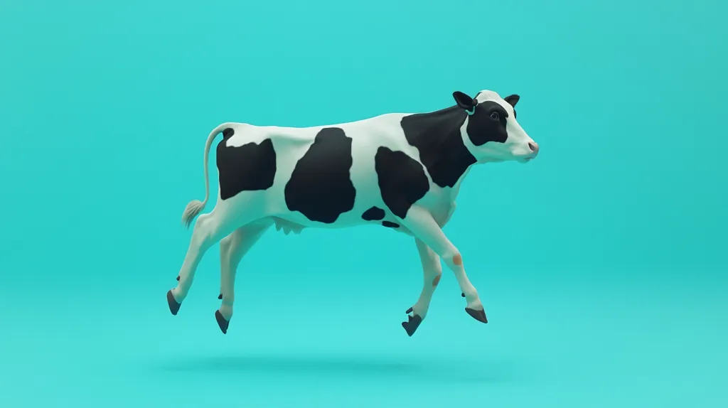 A black and white cow is leaping through the air, its hooves extended in mid-jump. The cow's tongue is sticking out slightly, and its eyes are wide open. The background is a bright turquoise blue.  The cow's black and white spots are clearly visible against the bright background. The cow is in mid-air, as if it is about to land on something.  This is a fun and playful image of a cow, which is a symbol of dairy farming and milk production.  The cow appears to be happy and carefree, and its playful expression suggests that it is enjoying its jump.