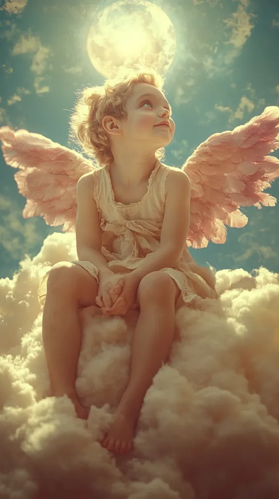 A young girl with blonde curls sits on a cloud with large, pink angel wings. She is dressed in a light-colored, sleeveless dress and looks upwards with a dreamy expression. The background is a blue sky with white clouds, and a bright, hazy orb appears in the upper center of the frame, suggesting a heavenly scene. The image is bathed in warm, soft lighting, creating a magical and ethereal atmosphere.