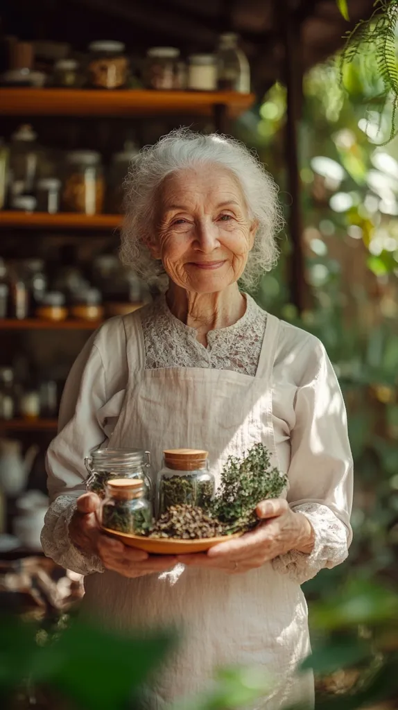 An elderly woman with white hair and a kind smile is holding a plate of dried herbs in glass jars. She is wearing a white apron over a lace-trimmed blouse and standing in front of a bookshelf filled with jars. Lush greenery frames the scene, creating a peaceful and natural ambiance. The image evokes a sense of traditional herbal remedies and a connection to nature.