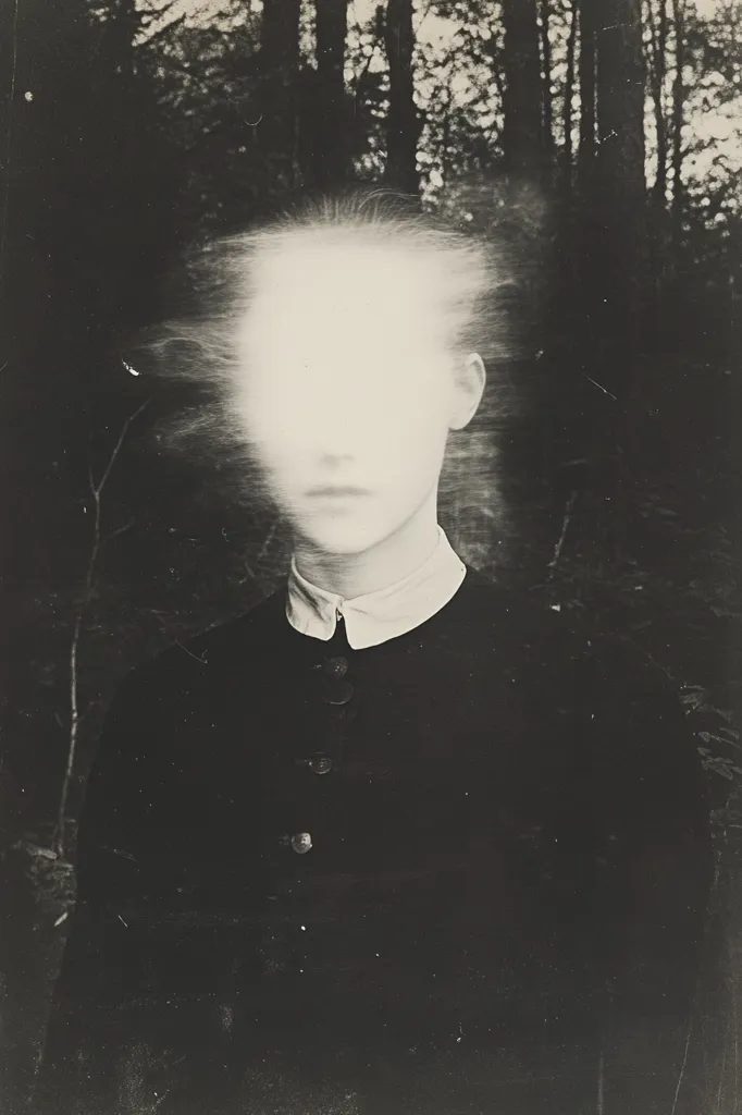 The black and white image depicts a person standing in a forest, their face obscured by a bright white light. The person is wearing a dark jacket with a white collar and buttons. The background is blurred and dark, with trees silhouetted against the light. The image is faded and has a vintage aesthetic, creating a sense of mystery and intrigue.