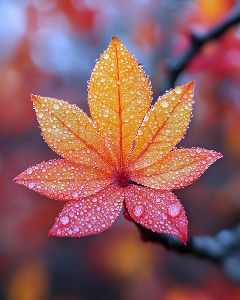 A single, intricate autumn leaf, with a complex structure of red, orange, and yellow, is covered in dewdrops. The leaf is the central focus of the image, set against a blurred background of out-of-focus autumn foliage. The raindrops highlight the delicate veins and texture of the leaf, creating a sense of intricate beauty. The image evokes a feeling of serenity and the ephemeral nature of autumn.