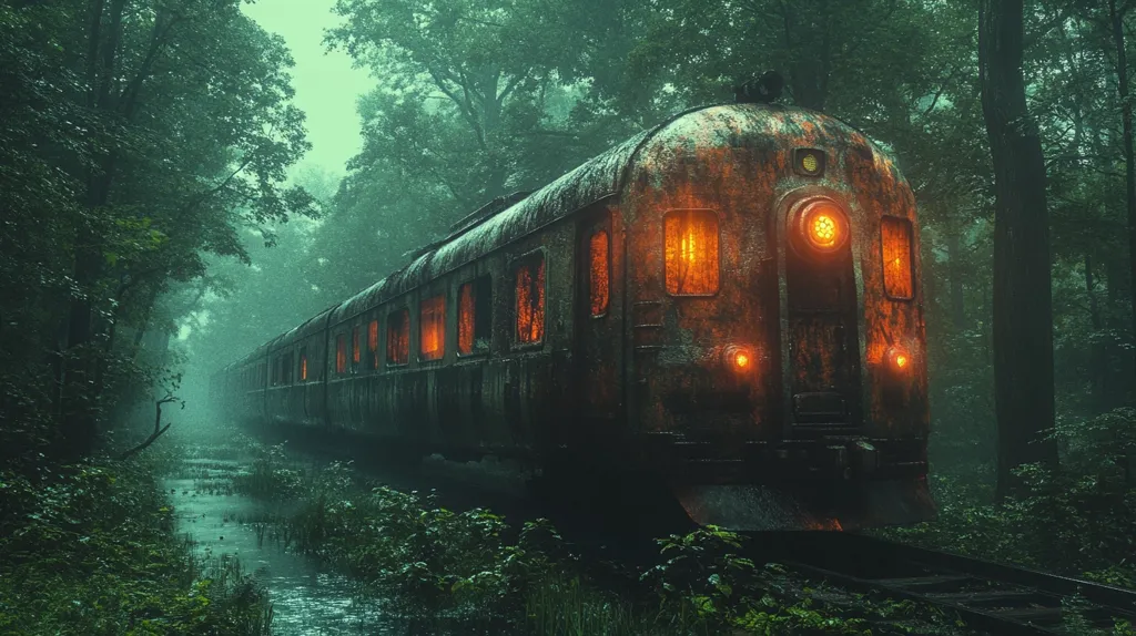 A rusty, old train sits on tracks in a dense, green forest. The train's windows are glowing orange, casting an eerie light through the mist. The forest surrounding the train is thick with trees and overgrown with vegetation, creating a sense of mystery and isolation.