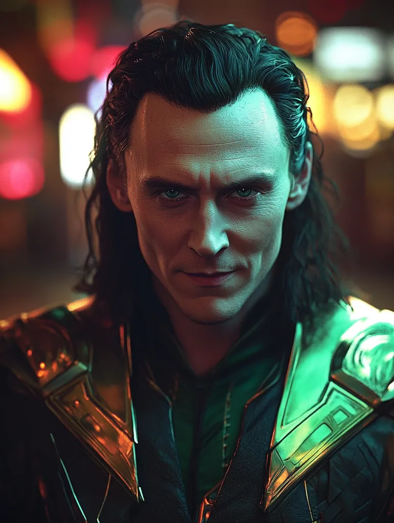 A close-up portrait of Loki, a character from the Marvel Cinematic Universe. He has long black hair, piercing green eyes, and a mischievous smirk on his face.  He is dressed in a black leather jacket adorned with golden and green accents, reflecting the colorful bokeh lights in the background.  His expression is both alluring and dangerous, hinting at his complex and often unpredictable nature.