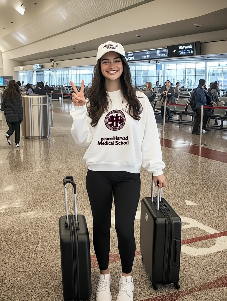 A young woman with long dark hair, wearing a white sweater, black leggings, and white sneakers, poses with a peace sign in an airport. She is smiling and carrying two black suitcases.  Her sweater has a Harvard Medical School logo. A white baseball cap with "Medical School" is on her head.  She stands in front of a sign that says "Harvard." The airport is relatively empty, with a few people waiting in chairs nearby.