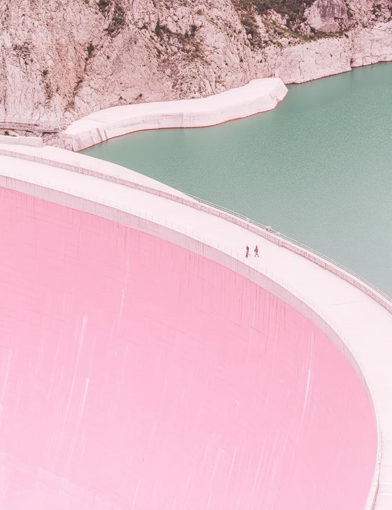 The image shows a pink dam wall with a white concrete walkway along the top. Two people are walking on the walkway, their figures appearing tiny against the vastness of the dam. The water behind the dam is a soft teal blue, with rocky cliffs visible in the background. The overall tone of the image is calm and serene.