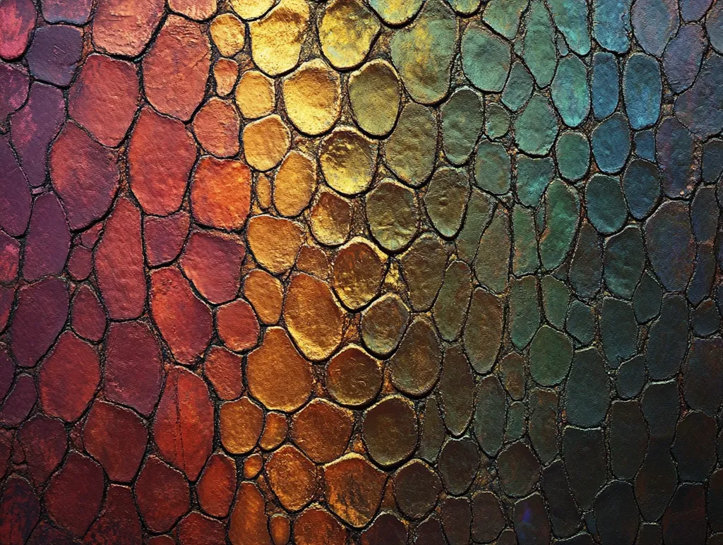 The image is a close-up of a textured surface, resembling a cobblestone path or a reptile's skin. The surface is divided into three distinct sections: a reddish-brown section on the left, a golden section in the middle, and a teal-green section on the right. The sections are separated by a smooth transition of colors. The texture is highly detailed, with each individual stone or scale clearly visible. The lighting casts shadows and highlights, giving the surface a three-dimensional appearance.  The overall effect is visually captivating and intriguing, inviting the viewer to explore the intricate details of the surface.