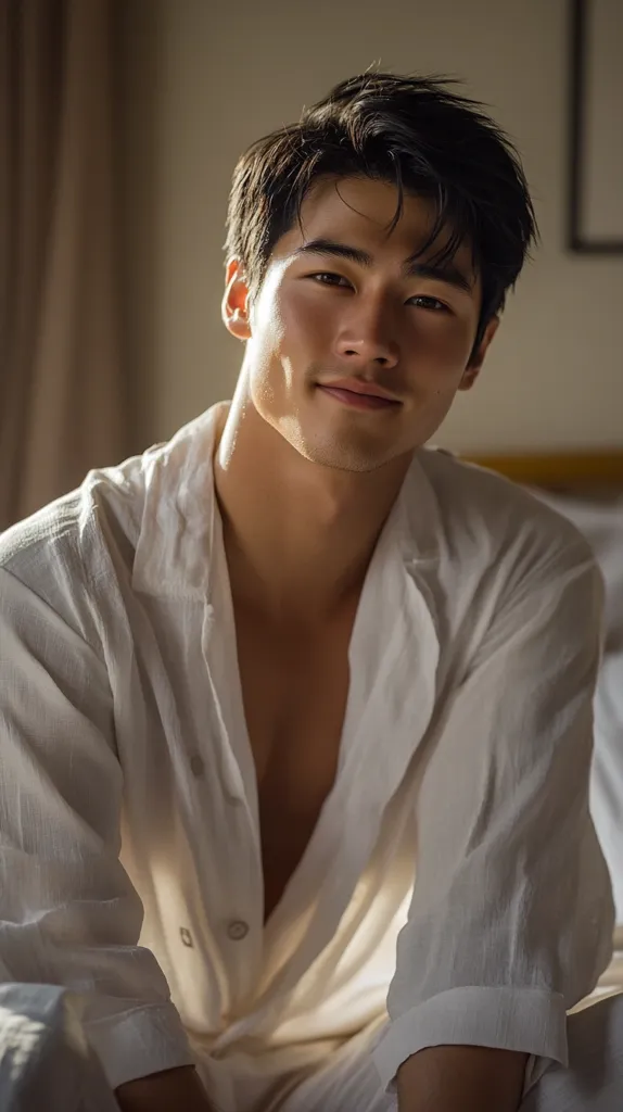 A young man with short dark hair is wearing a white, unbuttoned shirt. He sits on a bed, looking directly at the camera with a soft smile. The lighting is warm and gentle, casting shadows on his face and the fabric of his shirt.  The background is blurred, suggesting a relaxed, intimate setting.  The overall tone of the image is calm and inviting.