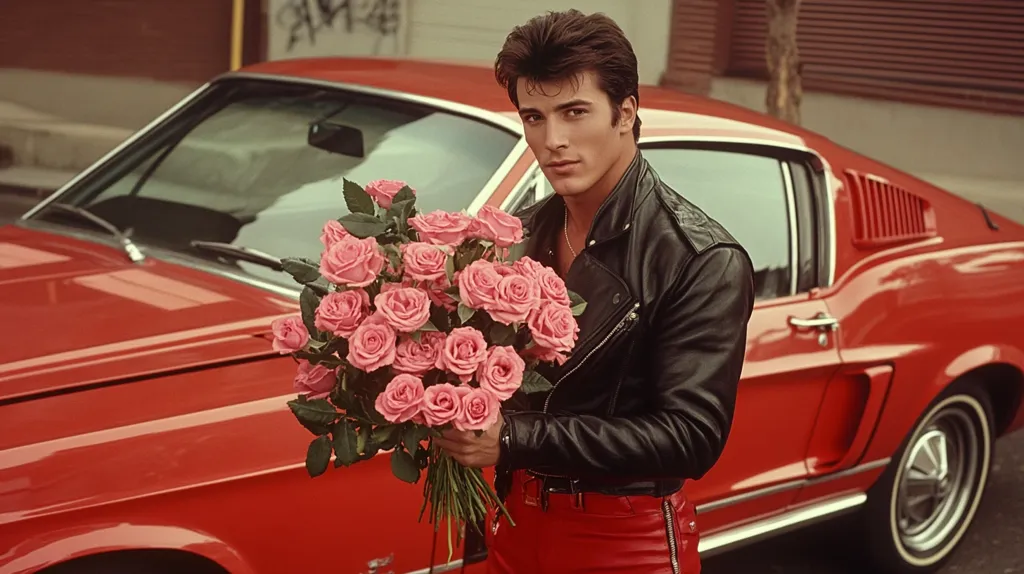 A man in a black leather jacket and red pants holds a bouquet of pink roses, standing next to a bright red classic Ford Mustang. The car is parked on a city street with a blurred background. The man's serious expression and the vibrant colors create a striking image.  The image evokes a sense of romance and nostalgia.