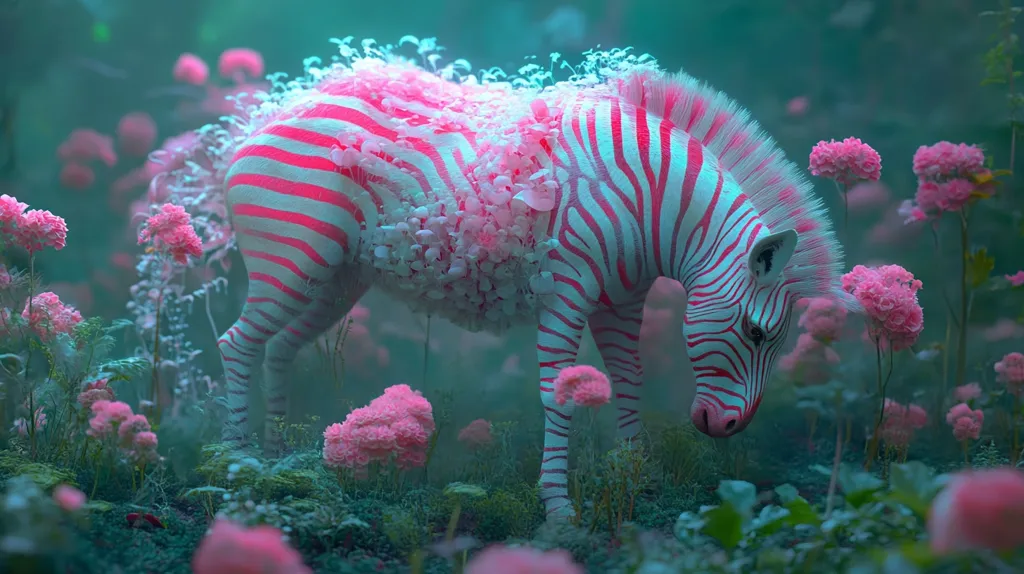 A zebra with pink and white stripes stands in a field of pink flowers. The zebra has a thick coat of fluffy white flowers growing on its back. The background is a soft, blurry green, creating a dreamlike atmosphere. The zebra's head is bowed, as if it is smelling the flowers. The image is a surreal and beautiful blend of animal and nature.