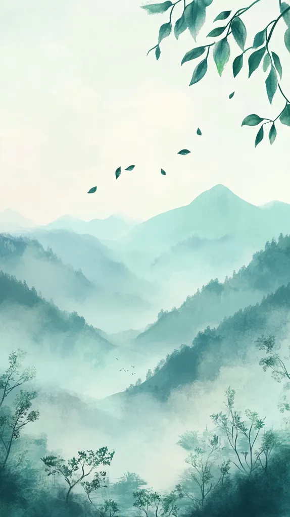 The image depicts a serene landscape of rolling hills shrouded in mist, painted in soft shades of blue-green. A few leaves fall gently from a branch of a tree in the top right corner, adding a touch of movement to the tranquil scene. The overall feeling is one of peace and serenity, evoking a sense of calmness and tranquility.