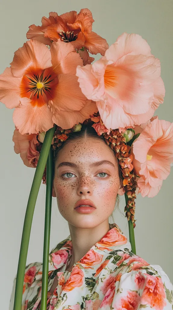 A woman with freckles and light brown hair wears a floral crown of delicate, pink flowers. Her eyes are a deep brown, and her lips are painted a soft pink. She wears a white blouse with a floral pattern, similar to her crown. The background is a soft, light green. The image has a soft, romantic, and ethereal feel.