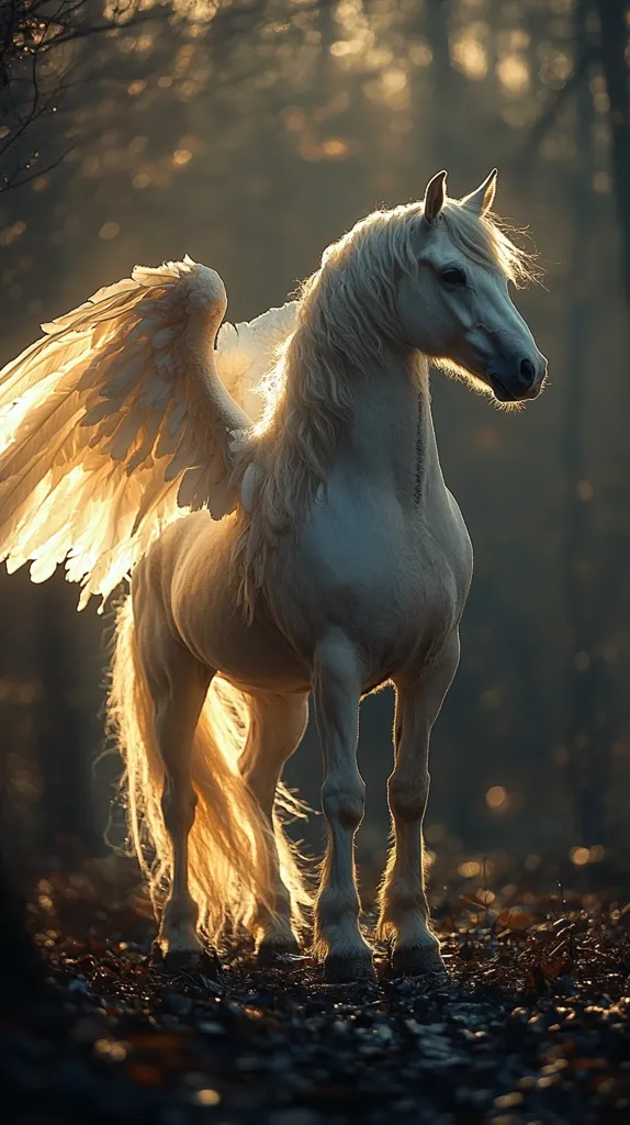 A majestic white horse with large, feathery wings stands in a forest clearing. The horse is bathed in soft, golden light, casting a warm glow on its coat and wings. The horse's head is turned slightly to the side, its eyes looking off into the distance. The forest background is dark and shadowy, adding to the ethereal beauty of the scene.