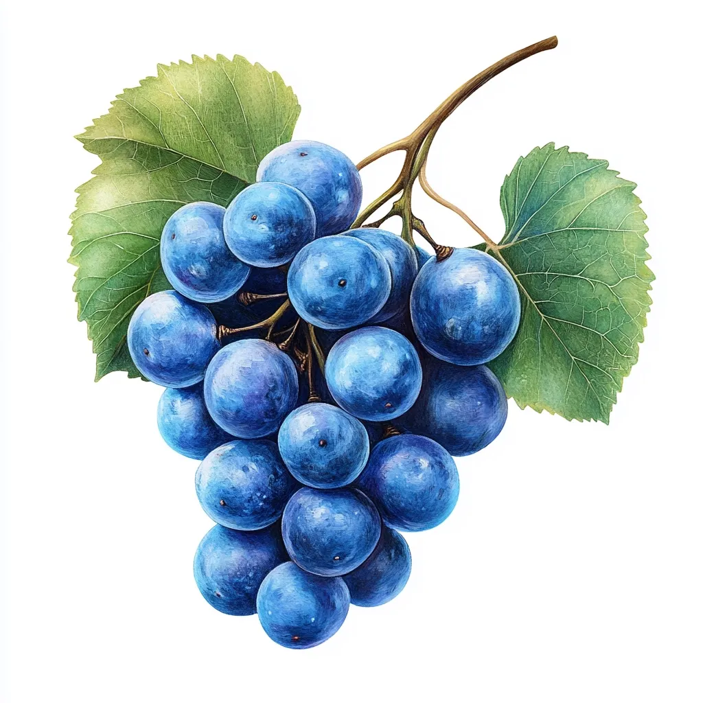 A cluster of plump, blue grapes hangs from a vine, adorned with two lush green leaves. The grapes are depicted with realistic detail, showcasing their smooth, slightly iridescent surface. The leaves are rendered with delicate veins and a textured surface, adding a touch of natural beauty to the composition. The image captures the essence of a ripe grape harvest, inviting viewers to savor the sweetness of the fruit.