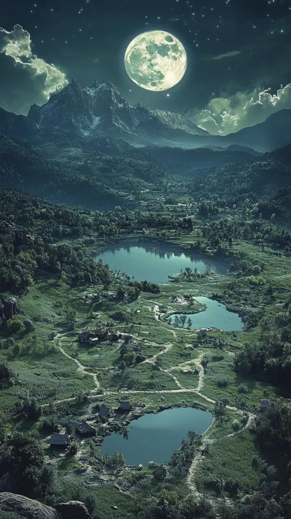 The image shows a serene night scene with a full moon illuminating a valley with a winding river and a cluster of small houses. Lush green vegetation surrounds the river, creating a tranquil and peaceful atmosphere. The distant mountains and a star-studded sky add to the picturesque landscape.