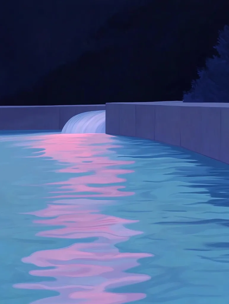 A serene nighttime scene with a still body of water reflecting a soft pink glow in the dark. The water is calm and peaceful, creating a sense of tranquility and serenity. The dark background and the subtle light create a moody atmosphere.