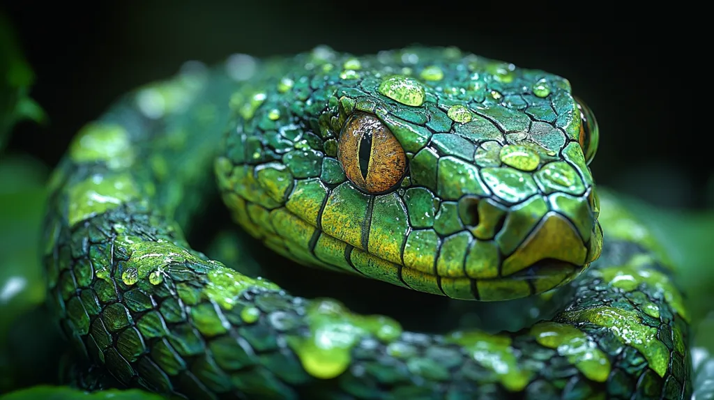 A close-up shot of a green snake with a bright orange eye. The snake is coiled and its scales are covered in water droplets, giving it a wet and glistening appearance. The background is blurred, focusing the viewer's attention on the snake's intricate details. The image highlights the snake's beauty and the natural world's intricate details.