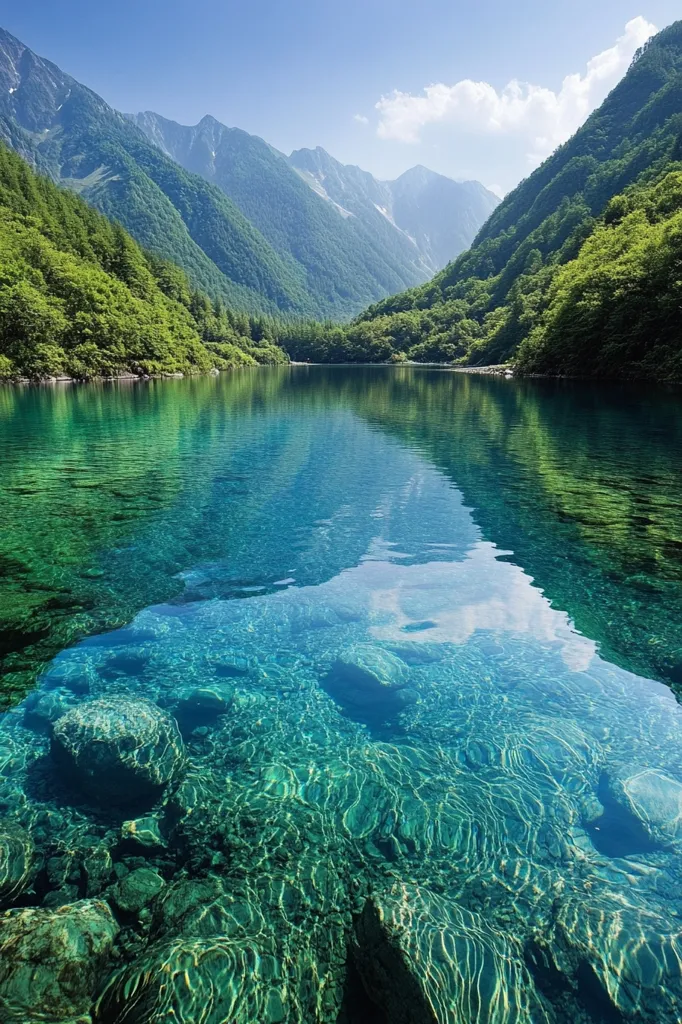 A crystal clear mountain lake stretches between two verdant slopes. The water is so transparent that the rocky bottom is visible.  The surrounding mountains are a deep green, and the sky is a bright blue. The scene is peaceful and serene.