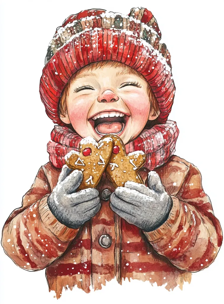 The image shows a young child wearing a red and white striped coat, a red knit hat and scarf, and mittens. They are smiling brightly, holding two gingerbread cookies and looking up with glee. The child's clothing and the snow on the hat suggest a winter setting.  The image captures the joy of the holiday season.
