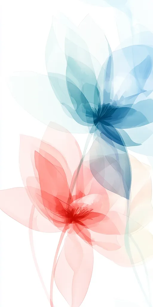 The image is of two translucent flowers. The top flower is blue and the bottom flower is pink. Both flowers have a white outline and are set against a white background. The flowers are stylized and the colors are soft and pastel. The image is a delicate and dreamy representation of flowers.  The flowers are overlapping, creating a sense of depth and dimension.