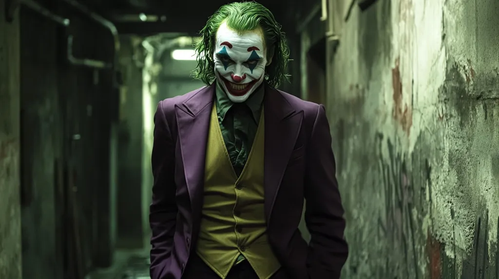 The Joker, dressed in his iconic purple suit and green vest, stands in a dark, graffiti-covered alley. His white face is painted with a sinister smile and his green hair is slicked back. The dim lighting and grimy walls amplify the unsettling atmosphere.  He stares intently into the distance, his expression menacing and unreadable.  His presence is both captivating and unsettling, leaving a lingering sense of unease.