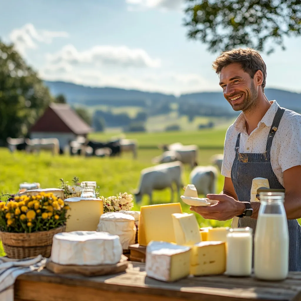 A man in a blue apron stands in a field, smiling and holding a piece of cheese. There are cows grazing in the background. A table in the foreground is laden with various cheeses, milk, and flowers. The scene evokes a sense of rural charm and simplicity.