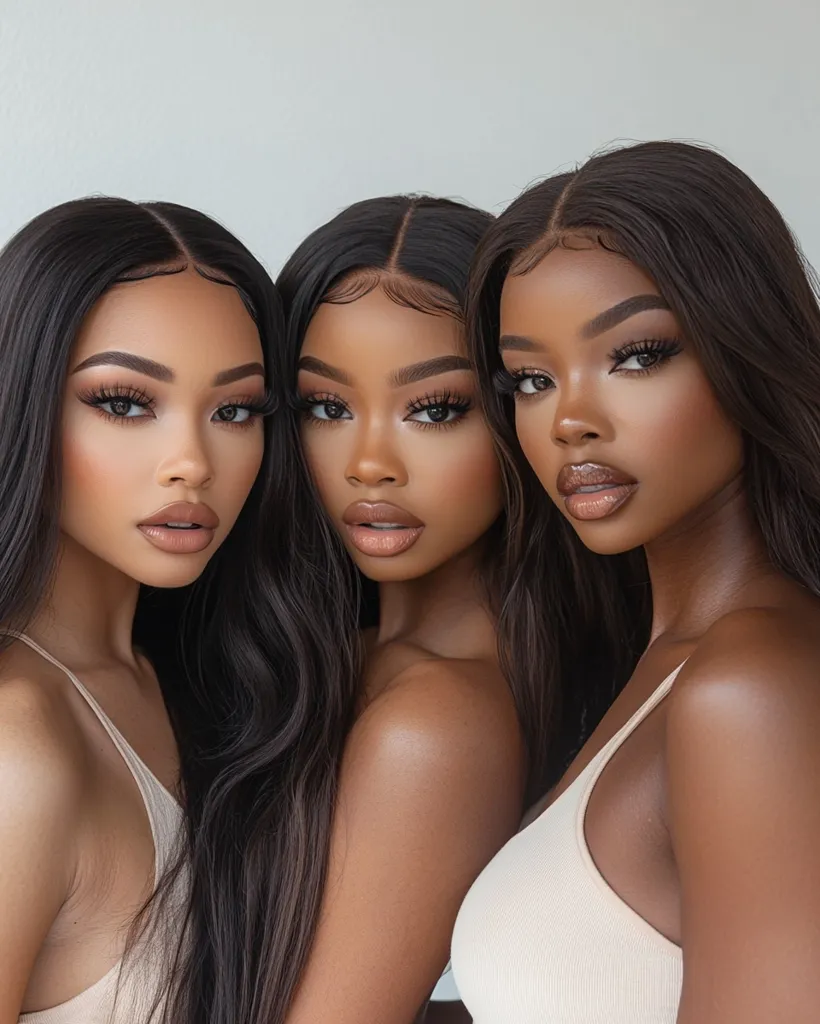 Three young women with long, dark hair are looking at the camera with a soft, sensual expression. They are wearing minimal makeup and have smooth, glowing skin. Their poses are close and intimate, creating a sense of connection and sisterhood.  Their outfits are simple and elegant, emphasizing their natural beauty.