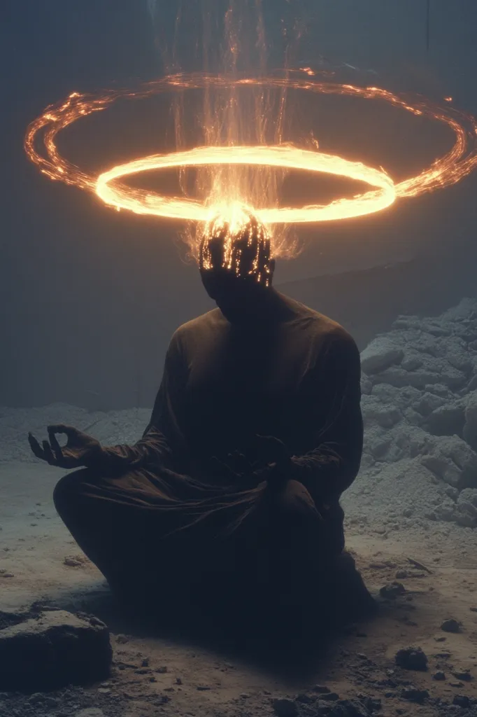 A shadowy figure sits in a meditative pose on a desolate, dusty plain. A blazing ring of light hovers above their head, casting an ethereal glow. The figure is shrouded in darkness, their face hidden from view. The image evokes a sense of mystery and contemplation, with the light symbolizing enlightenment or divine intervention.
