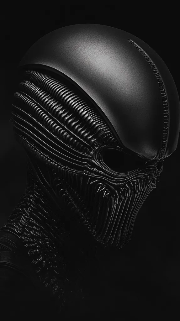 A black and white image of a creature with a smooth, helmet-like head and a textured, organic-looking body. The creature's eyes are visible as dark circles within the helmet. The image is dark and mysterious, with a focus on the creature's unique design.  The creature's facial features are obscured by shadow, but its  sharp, pointed teeth are visible, contributing to an eerie and unsettling aesthetic. The image is likely a representation of a fictional alien creature, possibly from a science fiction movie or artwork.
