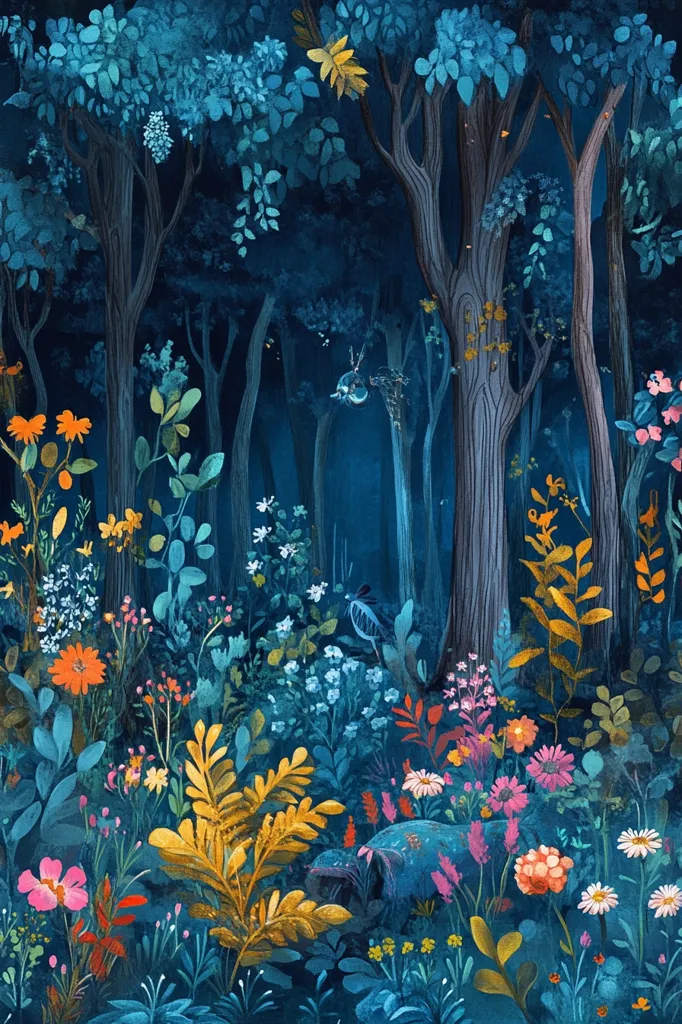 The image depicts a lush, vibrant forest scene. Tall, dark blue trees stand tall against a backdrop of deep blue foliage. In the foreground, a variety of colorful flowers and plants thrive, including yellow, orange, pink, and purple blooms.  A sense of mystery and enchantment pervades the scene, suggesting a hidden world within the forest.