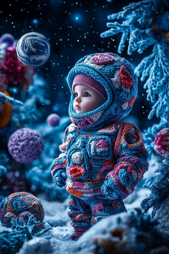A crocheted doll, dressed in a colorful blue, pink, and orange astronaut suit, stands in a snowy landscape. The doll has a sweet expression on its face, and its eyes are wide with wonder. The background is a blur of blue and white, with stars twinkling in the night sky.  A crocheted blue and white ball floats in the air above the doll.