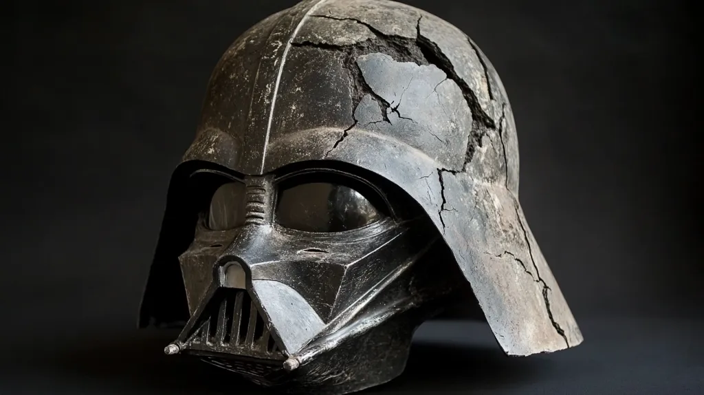 The iconic helmet of Darth Vader, the main antagonist in the Star Wars franchise, is shown cracked and weathered. The black helmet has a deep, menacing appearance, with its signature visor and breathing apparatus. The cracks in the helmet suggest that it has seen a lot of action and battles.  The helmet is set against a black background, which emphasizes its ominous and menacing presence.