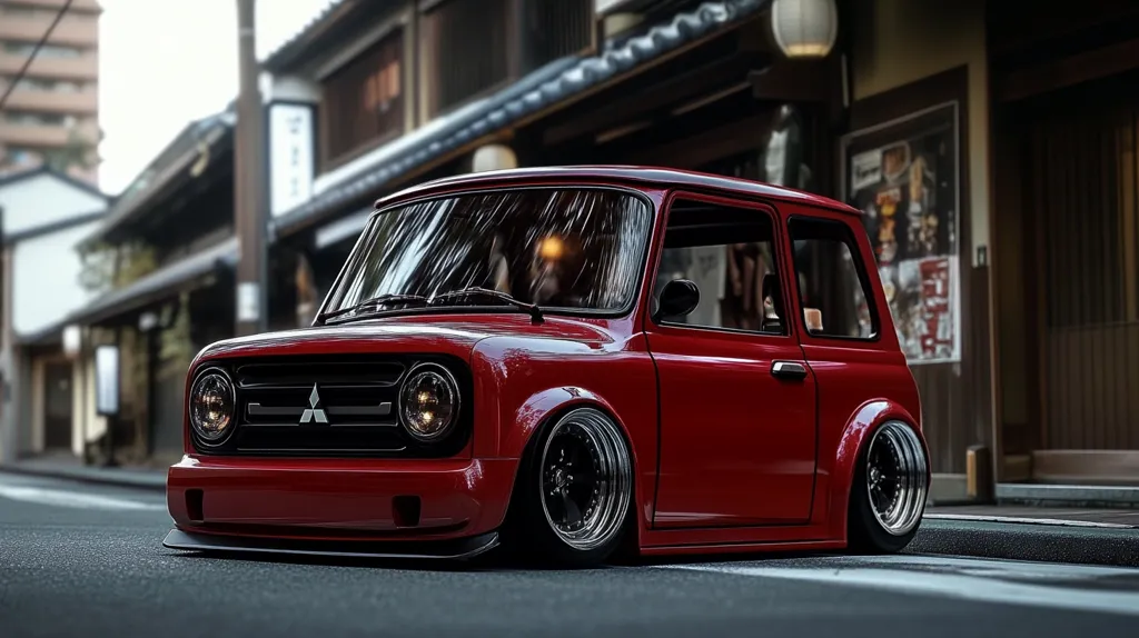 A bright red, vintage-style Japanese car is parked on a street in front of a building. The car has a custom paint job and large, black wheels. The car is in focus while the building in the background is blurred. There are other cars parked on the street. The image has a soft focus and is lit with warm, natural light. The setting is likely a Japanese city.