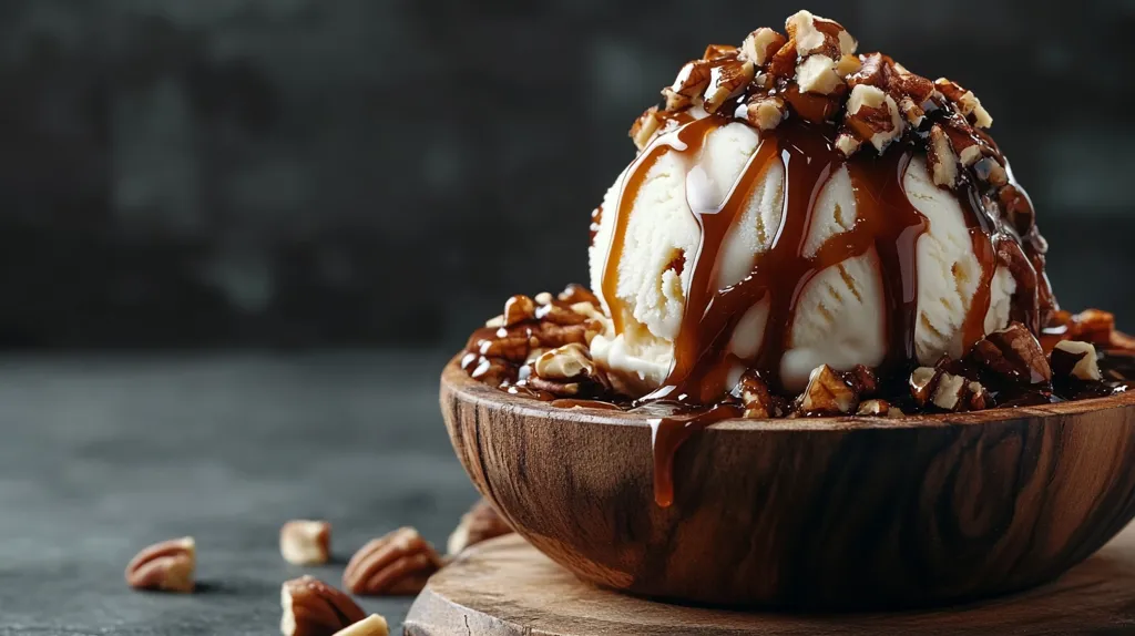 A scoop of vanilla ice cream is topped with pecans and drizzled with caramel sauce. The ice cream is nestled in a wooden bowl, and there are more pecans scattered around the bowl on the table.  The image is a close-up, focusing on the dessert and its rich, decadent flavors.  The warm caramel and nutty pecans complement the creamy ice cream, creating a tempting and delicious treat.