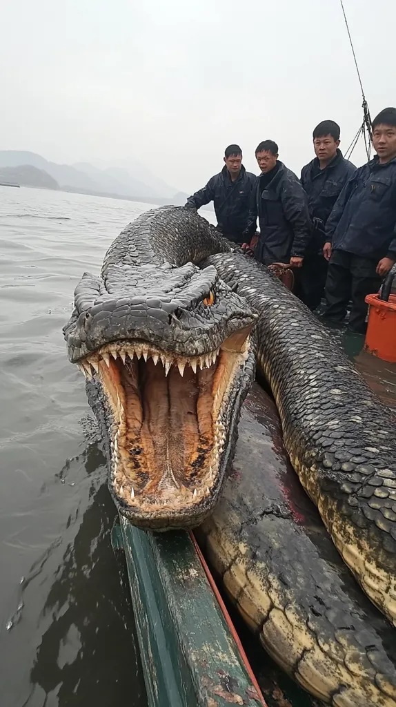The image shows a large, dead crocodile with its mouth open, lying on a boat. The crocodile is very long and has a large, powerful head. There are several men on the boat, some of whom are standing on the crocodile. The image is likely taken in a remote location and the crocodile's size and scale are striking. The image may have been taken after the crocodile was caught in a fishing net, or during a hunting trip.  The image is striking in its depiction of the power and beauty of nature.