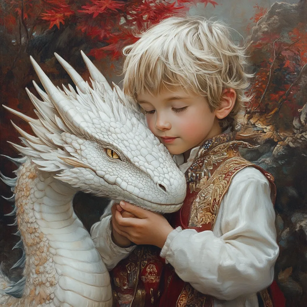 A young boy with blonde hair, wearing a white shirt and a red and gold vest, is gently embracing a white dragon. The boy has his eyes closed and is resting his chin on the dragon's head. The dragon appears to be docile and friendly, with its eyes closed and its mouth slightly open. The background is a blurred image of autumn leaves and a rocky landscape.  The scene is one of peaceful harmony between the boy and the dragon, suggesting a deep connection and understanding.  The painting evokes a sense of wonder and magic.