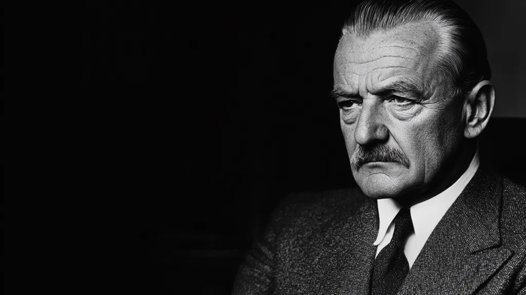 The image is a black and white portrait of an older man. He is looking off to the side and has a serious expression on his face. He has a mustache and is wearing a suit and tie. The background is dark and out of focus. The image has a somber mood.  The lighting highlights his face and features.  The man's gaze suggests contemplation.  His attire suggests formality and a sense of authority.