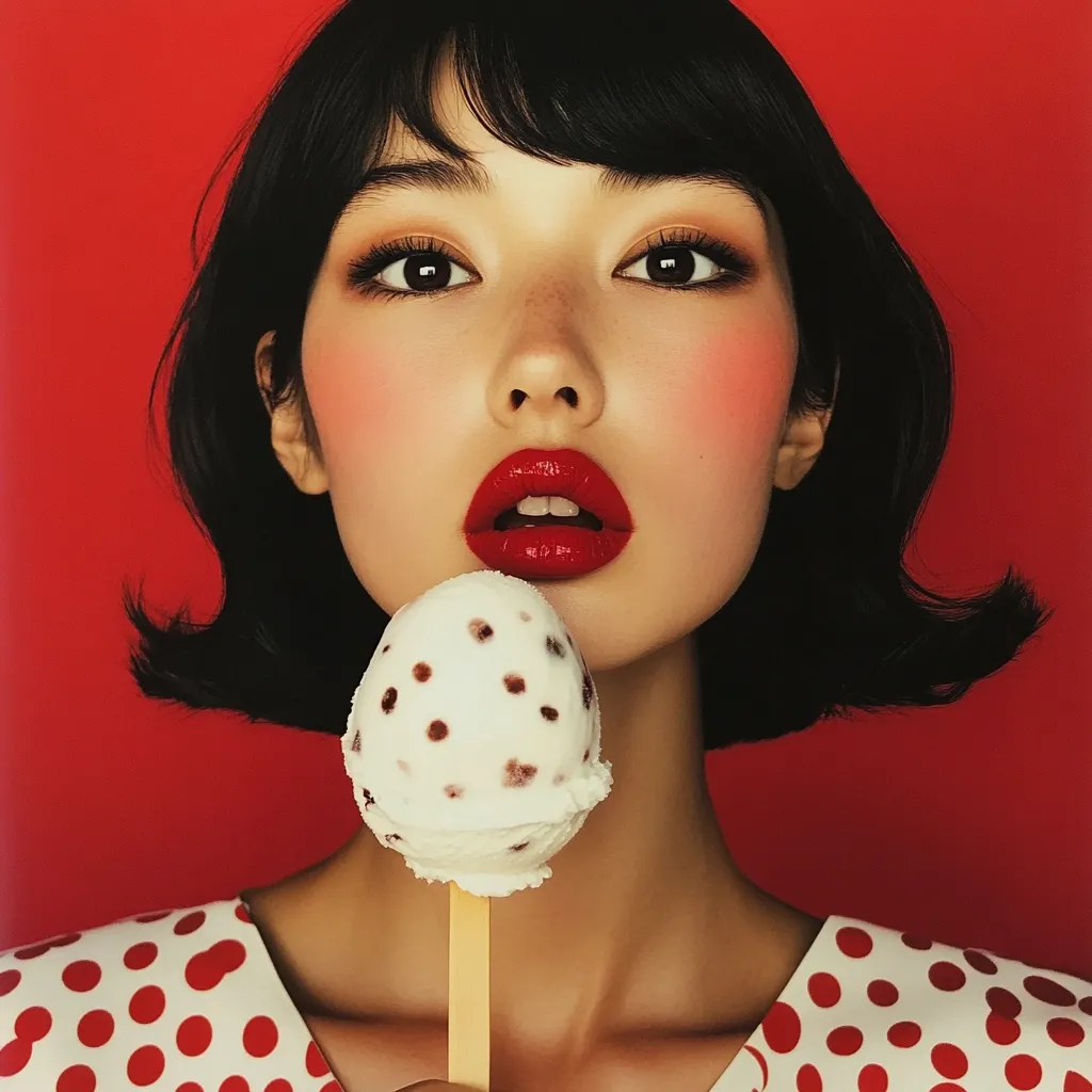 A young woman with short black hair and a red polka dot dress holds a white ice cream cone with chocolate chips in front of her face. She is wearing bold makeup, including red lipstick and blush. The background is a solid red. The image is a close-up, emphasizing the woman's face and the ice cream.  The woman's expression is playful and mischievous, suggesting a sweet treat and a fun time.