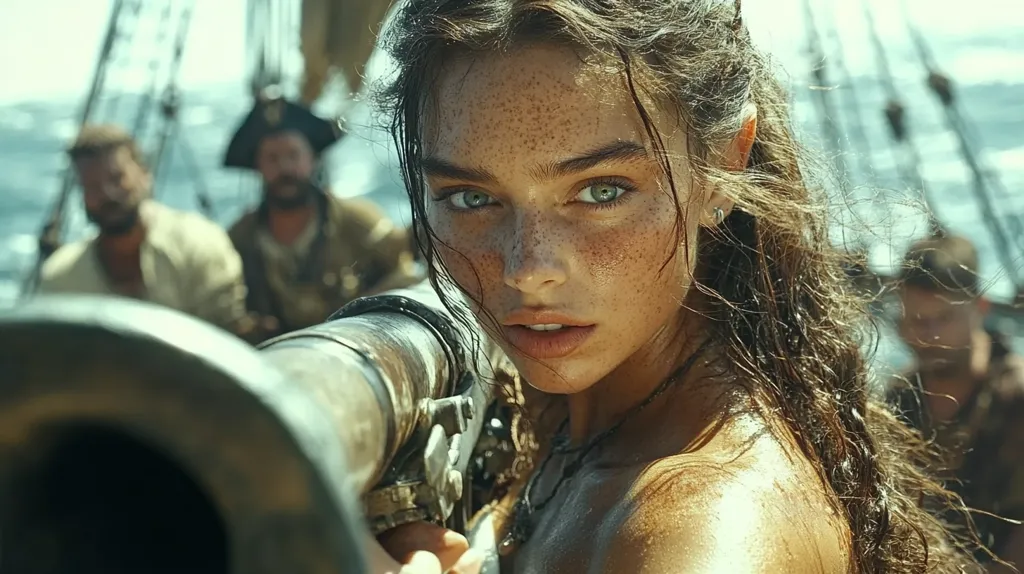 A young woman with long brown hair and freckles stares intensely at the camera, her eyes focused and determined. She is holding a large cannon in her hand, the barrel pointing towards the viewer. The background is a blurred image of a ship's deck with other crew members in the distance. The overall impression is of a fierce and fearless pirate ready for action.