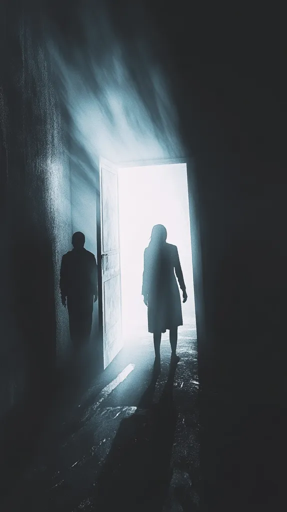 The image depicts a dimly lit hallway with an open door at the end.  A woman stands in the doorway, her silhouette obscured by the bright light emanating from the other side.  A man walks towards the door, also shrouded in shadow. The scene evokes a sense of mystery and uncertainty, leaving the viewer to speculate about their intentions.