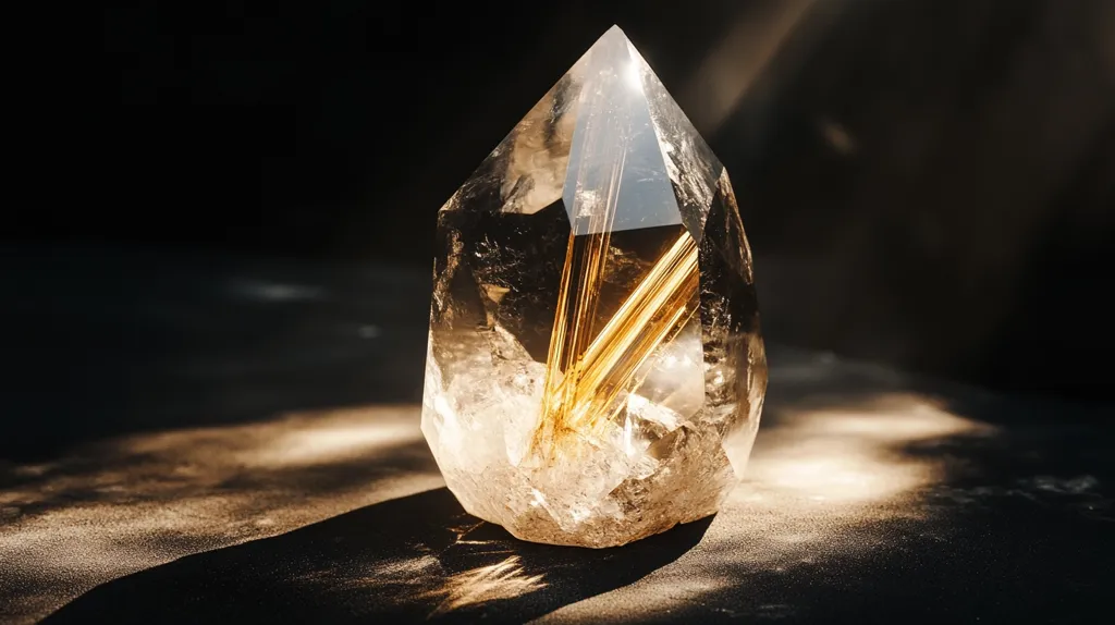 A clear quartz crystal, shaped like a teardrop, sits on a dark surface.  It has internal inclusions of golden rutile that give it a warm glow.  The crystal is illuminated by a soft, warm light that creates a dramatic shadow.  The crystal's smooth, polished facets reflect the light, creating a sense of beauty and wonder.