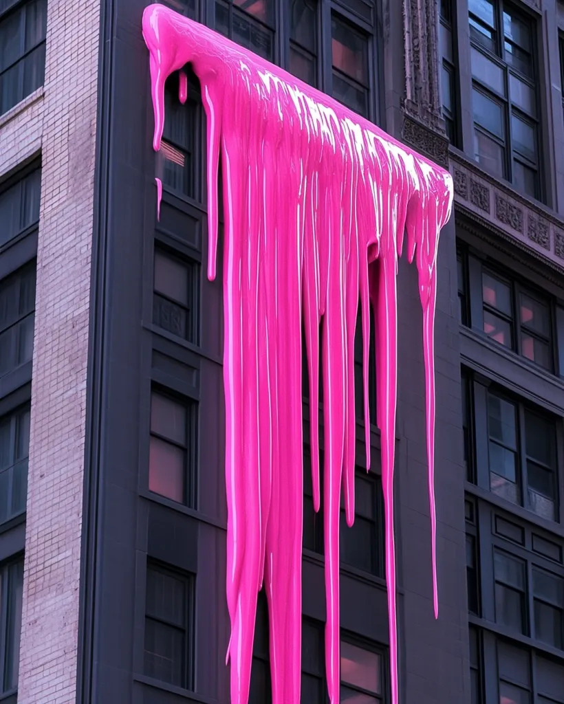 A tall building with a brick facade and black window frames is covered in a vibrant pink substance that appears to be dripping down the side. The substance is thick and glossy, creating a striking contrast against the gray building. The windows reflect the surrounding cityscape, adding depth and dimension to the image. The scene is both eye-catching and surreal, suggesting a playful and unexpected artistic intervention.