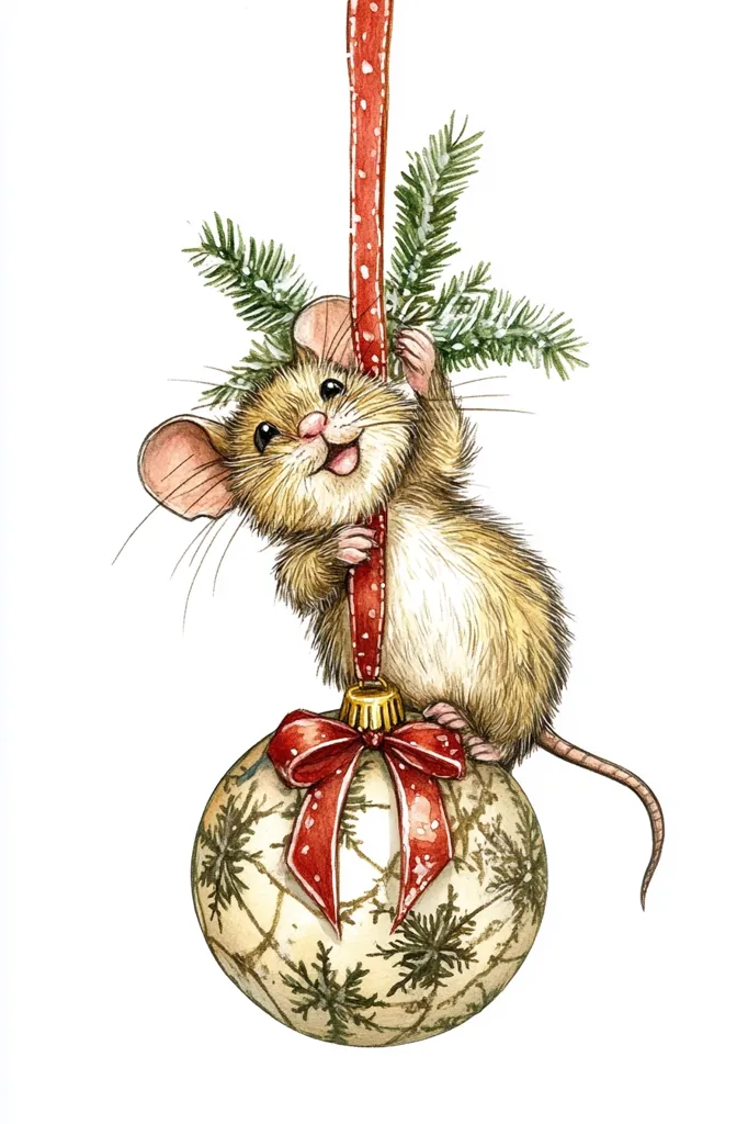 A cute, cartoon mouse hangs from a red and white striped ribbon holding a Christmas ornament with a large red bow. The ornament has an off-white background with a green snowflake pattern. The mouse is smiling and looks happy. The illustration is drawn in a watercolor style with soft, muted colors.  The background is white.  The scene is whimsical and joyful.