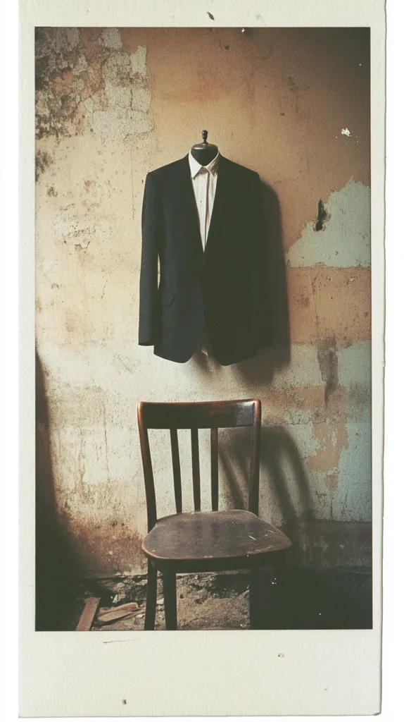 A black suit jacket hangs on a hook against a textured, off-white wall. The jacket has a white shirt underneath and appears to be hanging in a derelict room. An old wooden chair sits in front of the jacket. The image has a vintage, faded look.