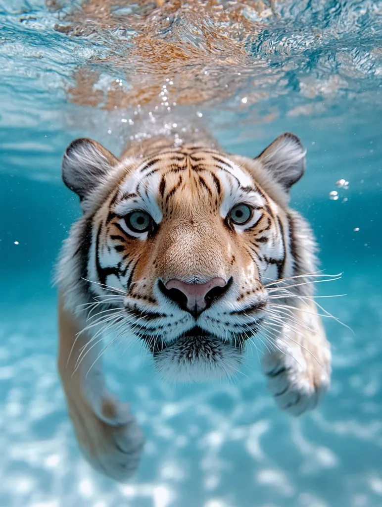 A tiger swims underwater, its head and front paws visible. The water is clear and blue, with bubbles surrounding the tiger. Its eyes are open and focused, giving a sense of alertness and power. The tiger's stripes are visible on its fur, and its whiskers are prominent. The image captures a moment of grace and agility as the tiger navigates the aquatic environment.