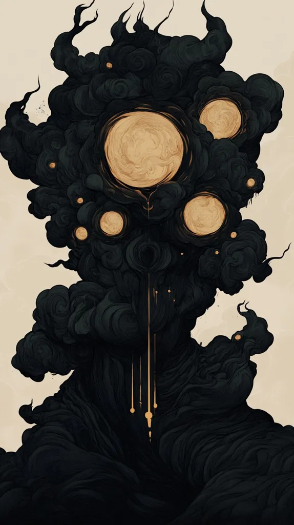 The image is a dark, abstract artwork depicting a large, amorphous black form with multiple, rounded, golden shapes embedded in its surface. The black form resembles a cloud or a mass of smoke, with swirling, intricate details that create a sense of depth and texture.  Golden streaks, like rays of light, descend from the central top of the black form, adding a touch of contrast and dynamism to the composition.