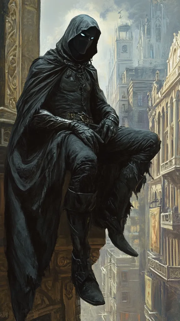 A cloaked figure with a mask sits on a ledge overlooking a city. The figure is dressed in all black, with a long, flowing cape that obscures their face. The city below is a mix of old and new buildings, with some appearing to be in a state of disrepair. The overall atmosphere is one of mystery and intrigue, with the cloaked figure appearing to be observing the city below with suspicion.