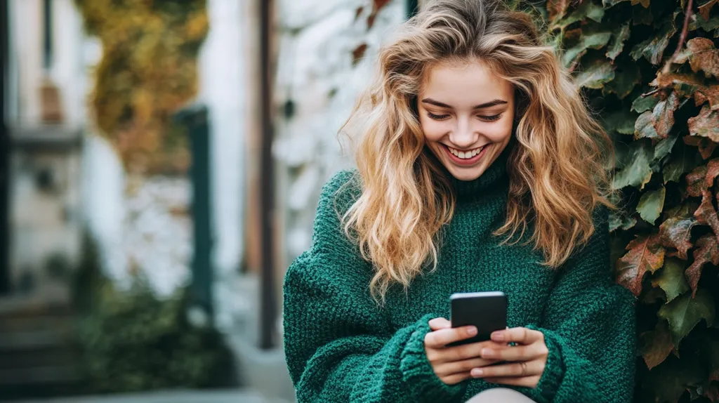 A young woman with long blonde hair, wearing a green sweater, is looking down at her phone and smiling. She is standing next to a wall covered in green vines. The photo is taken from a low angle, focusing on the woman.  The background is blurry, creating a sense of depth.  The image captures a moment of joy and connection.