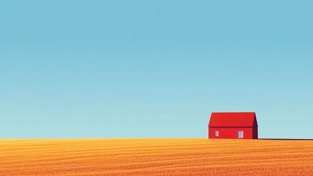 A lone red barn stands in a field of golden wheat, bathed in the warm glow of sunlight. The sky above is a clear, vibrant blue, creating a stark contrast with the earthy hues of the field and the barn. The scene evokes a sense of peaceful solitude and simplicity.
